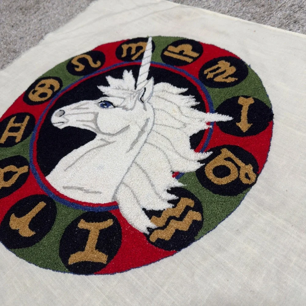 VTG 1981 Crewel Punch Needle Zodiac Unicorn Art OS Cream Astrology Celestial